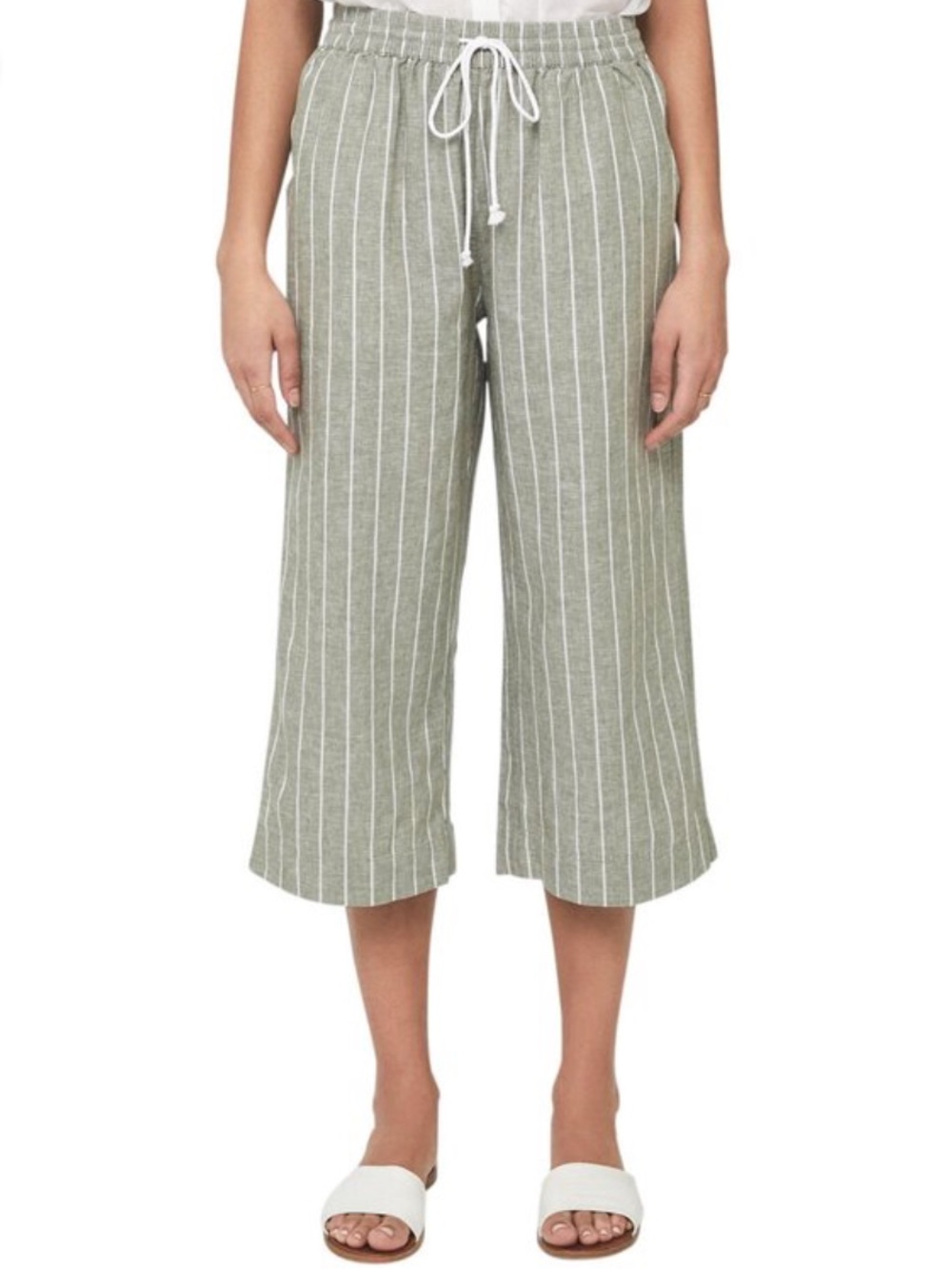 beachlunchlounge linen Olive Green Pinstripe Cropped Wide-Leg Drawstring Pants